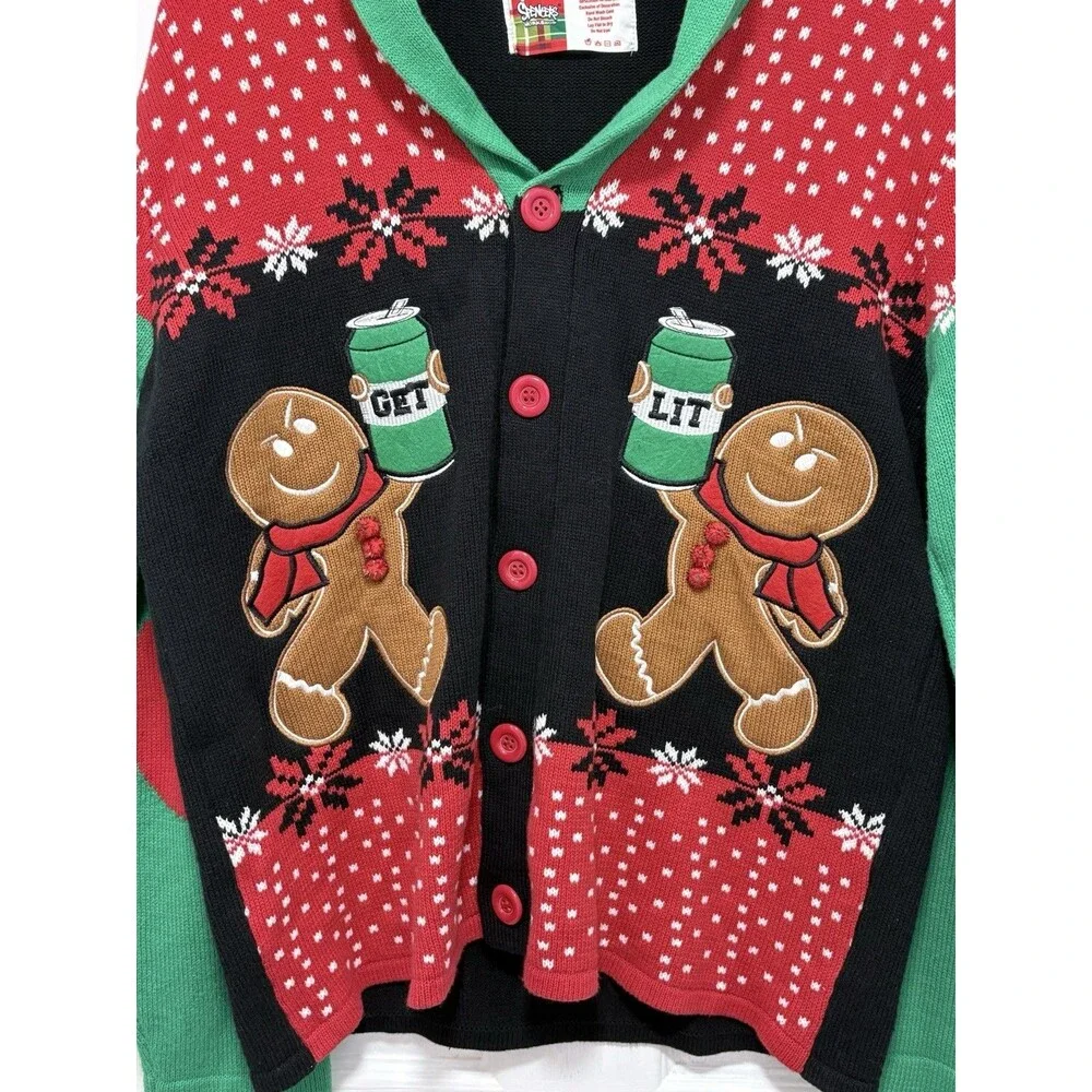 Spencer's Workshop Gingerbread Men Ugly Christmas Sweater Cardigan Get Lit Sz L